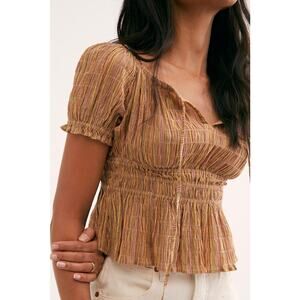 Free People Vivi Cotton Cropped Smocked Peplum Striped Lightweight Blouse